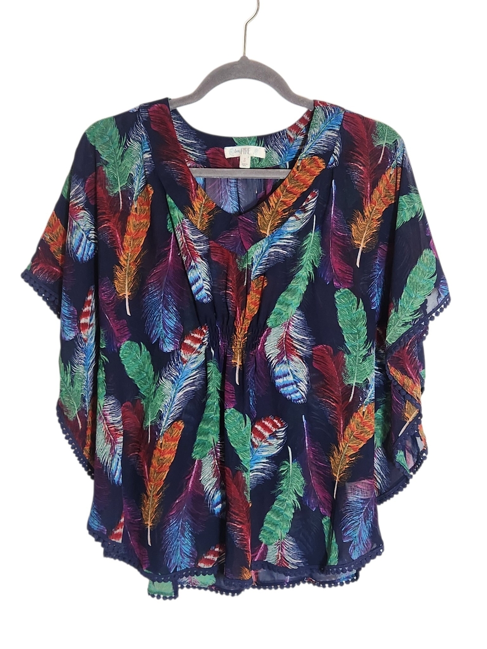 Love Fire Navy Multicolor Feather Print Poncho Blouse Boho Size Small